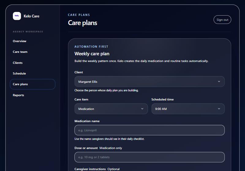 Kelo agency portal: Care plans