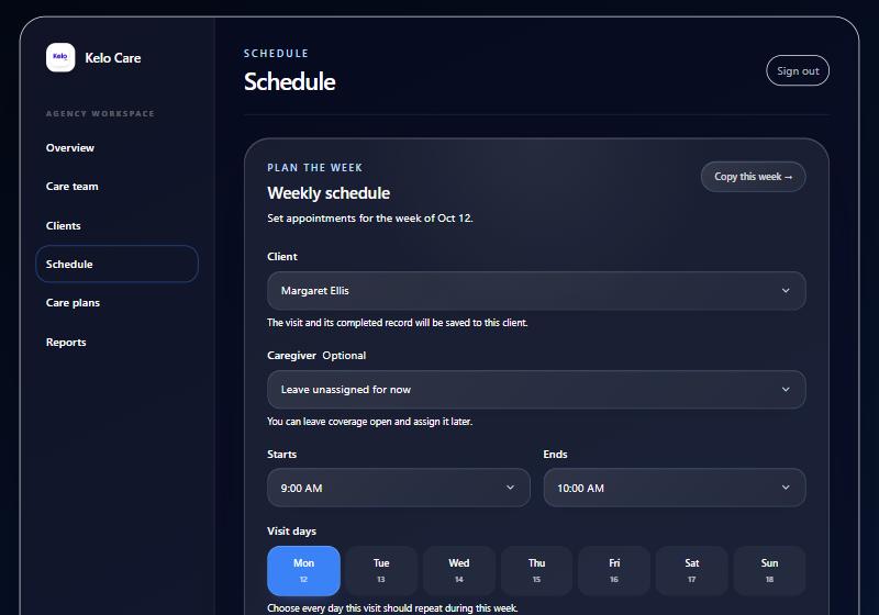 Kelo agency portal: Schedule